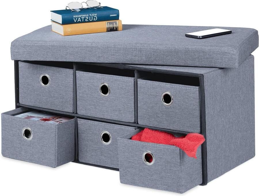 Opbergbank met 6 lades comfortabele zitting geschikt voor woonkamer en hal grijs