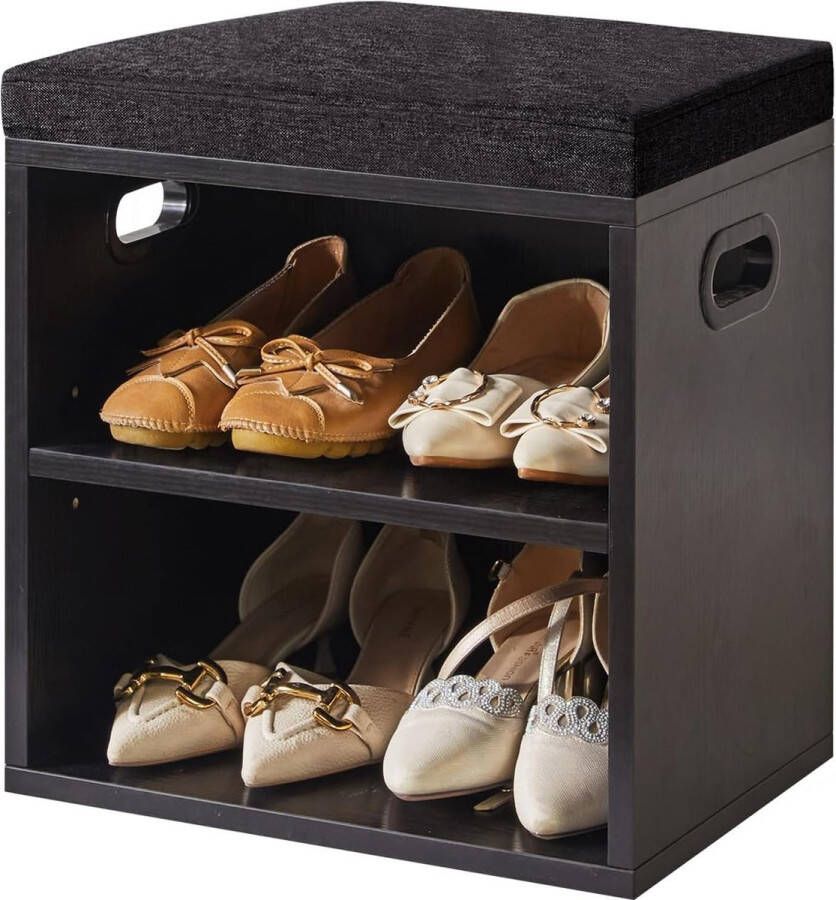 Opbergbank met zitkussen 2-laags schoenenrek met gevoerde zitting verstelbare schoenenorganizer kast voor ingang woonkamer hal kast 42 x 39 x 28 cm (h x b x d) zwart