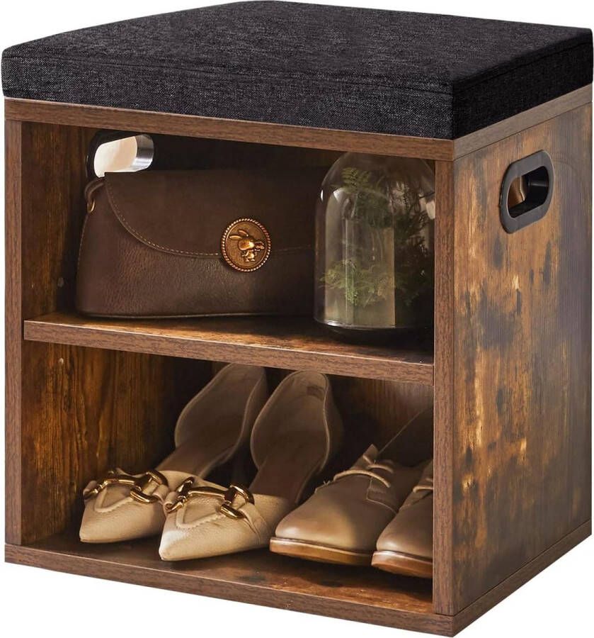 Opbergbank met zitkussen 2-laags schoenenrek met gevoerde zitting verstelbare schoenenorganizer kast voor ingang woonkamer hal kast 42 x 39 x 28 cm rustiek bruin