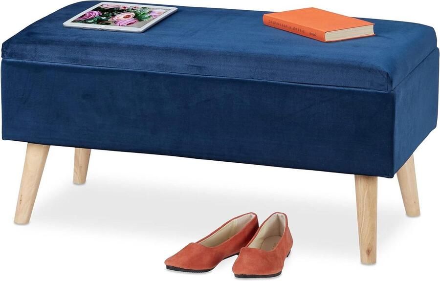 Opbergbank Velours zitbank met opbergruimte halbankje 1 stuk donkerblauw velours 41x80x40 cm