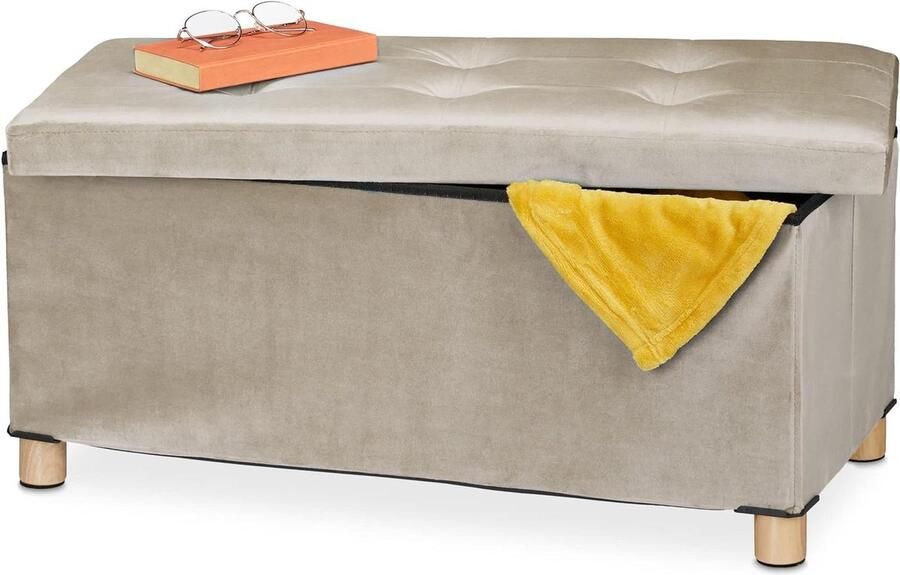 Dekenkist Opbergbank zacht fluweel opbergbank houten poten opvouwbare bank opslagruimte HBD 34x76x38 cm creme Dekenkist - Foto 2