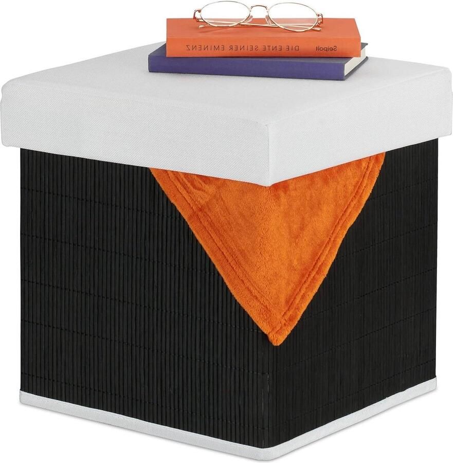 Opbergbare gepolsterde poef met bamboe deksel inklapbaar 35x35x35 cm zwart wit