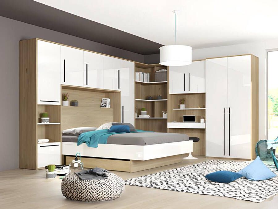 Vente-unique Bed met opbergruimte 140 x 190 cm Natuurlijk en wit + Bedbodem + Matras NAJELI L 275 cm x H 216 cm x D 215 cm - Foto 2