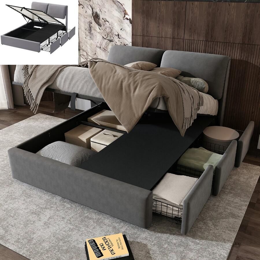 Opbergbed 140x190 cm met 3 lades 140x190 cm bed met opbergruimte en lattenbodem fluweel in hoogte verstelbaar hoofdeinde grijs(Matras niet inbegrepen)