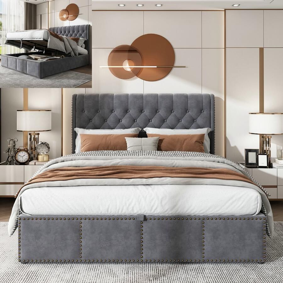 Opbergbed 140x200 cm Gestoffeerd Bed met Opbergruimte en Hydraulische Hendel volwassen bed Functioneel Bed met Opbergruimte Geklonken Decoratie Fluweel Grijs (matras niet inbegrepen)