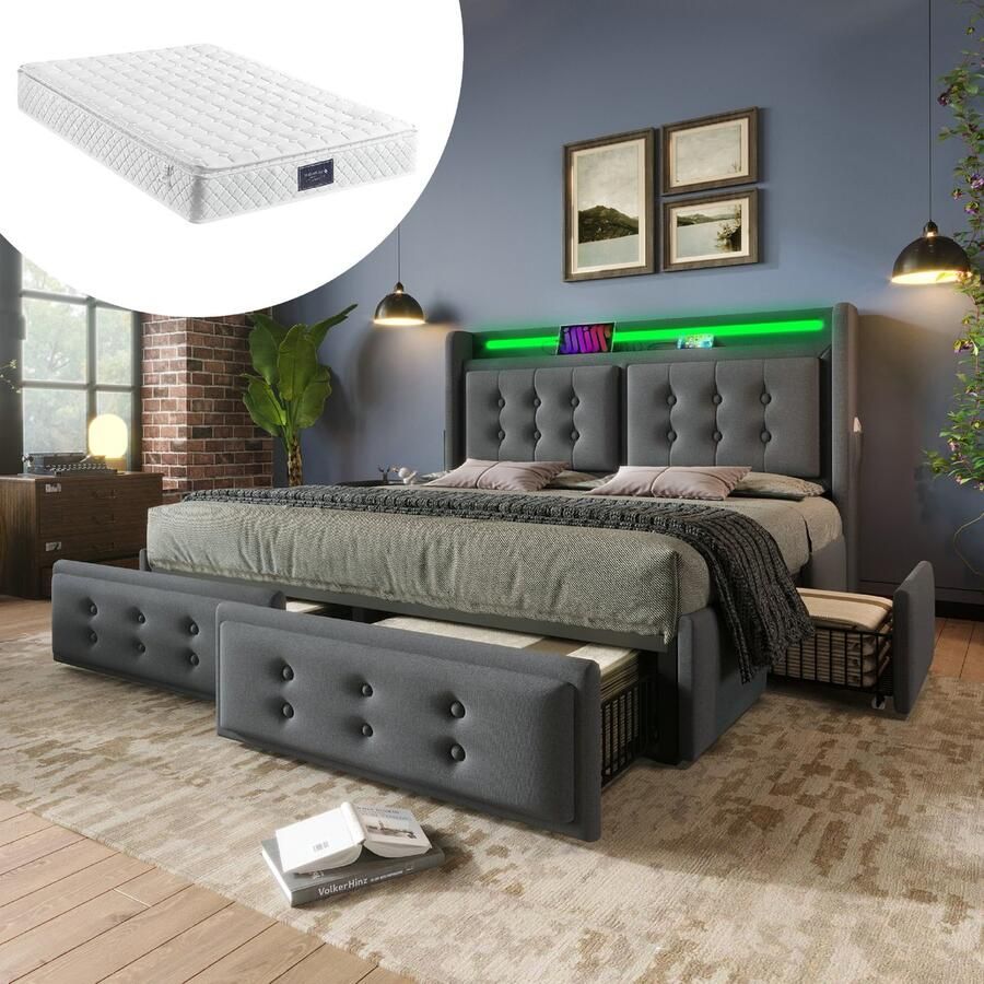 Gestoffeerd bed 160x200 cm met led-hoofdbord en USB-C-oplaadfunctie en 4 lades tweepersoonsbed met grijs linnen inclusief matras
