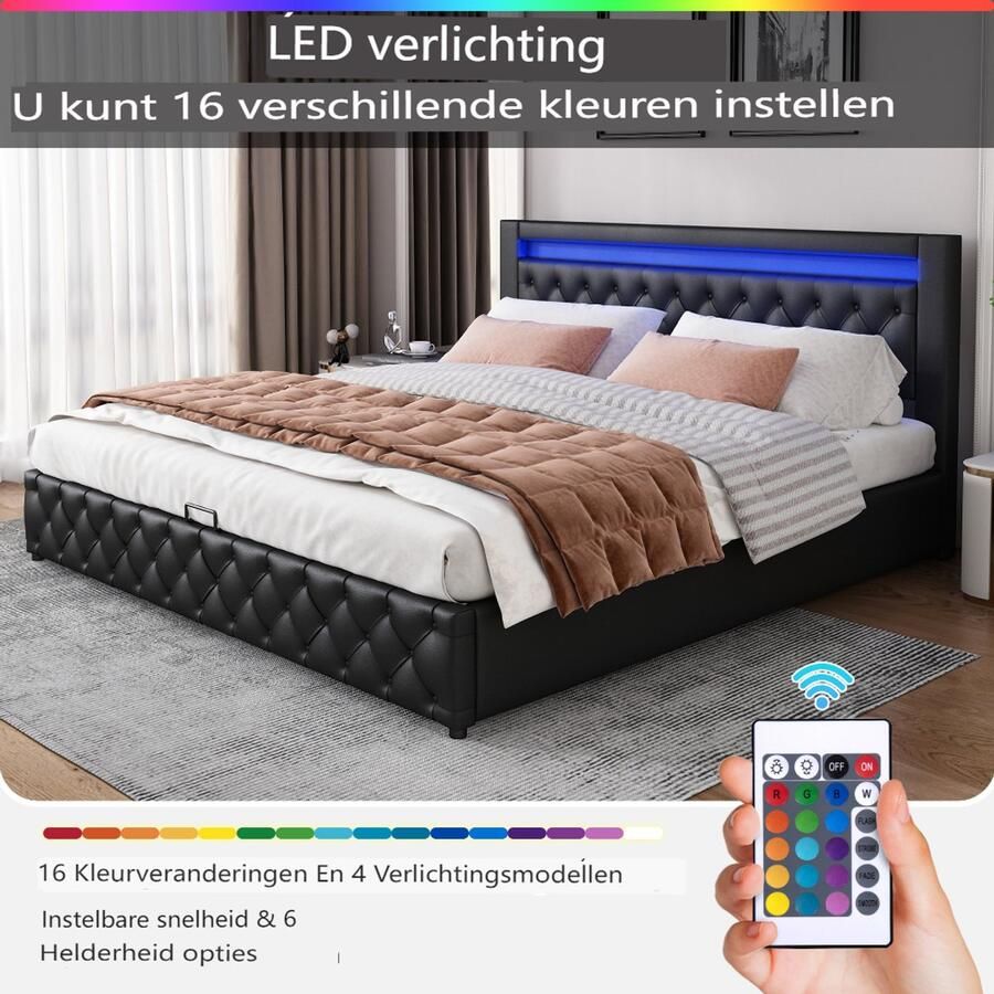 Opbergbed 140x200 cm met opbergruimte en ledverlichting gestoffeerd bed met lattenbodem PU-materiaal zwart(Matras niet inbegrepen)