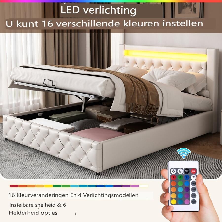 Opbergbed 140x200 cm met opbergruimte en ledverlichting volwassen bed met lattenbodem PU-materiaal wit(Matras niet inbegrepen)