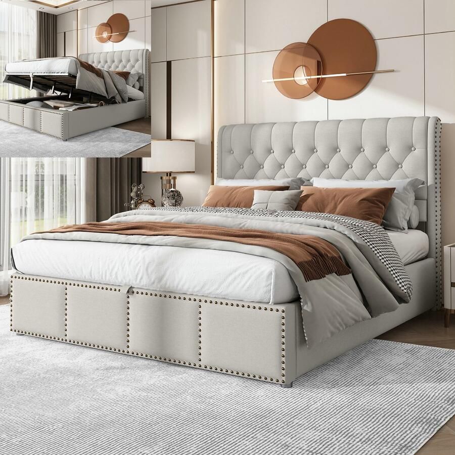 Opbergbed 140x200cm volwassen bed Europees stijl eenvoudig opbergbed zachte rugleuning van katoen en linnen + hydraulisch opbergvak klinknageldecoratie hoge doos met gasdrukstang grote opbergcapaciteit (zonder matras)