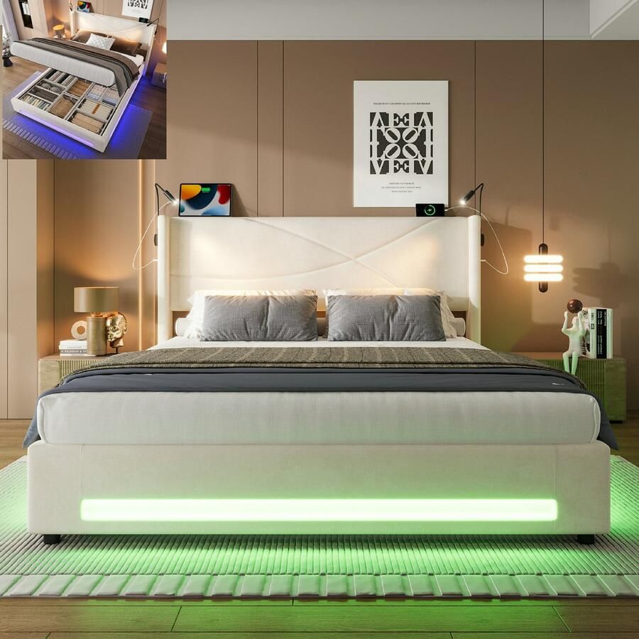 Opbergbed 160x200 cm met 2 leeslampen en USB-poorten hydraulisch volwassen bed met ledverlichting modern design beige(Matras niet inbegrepen)