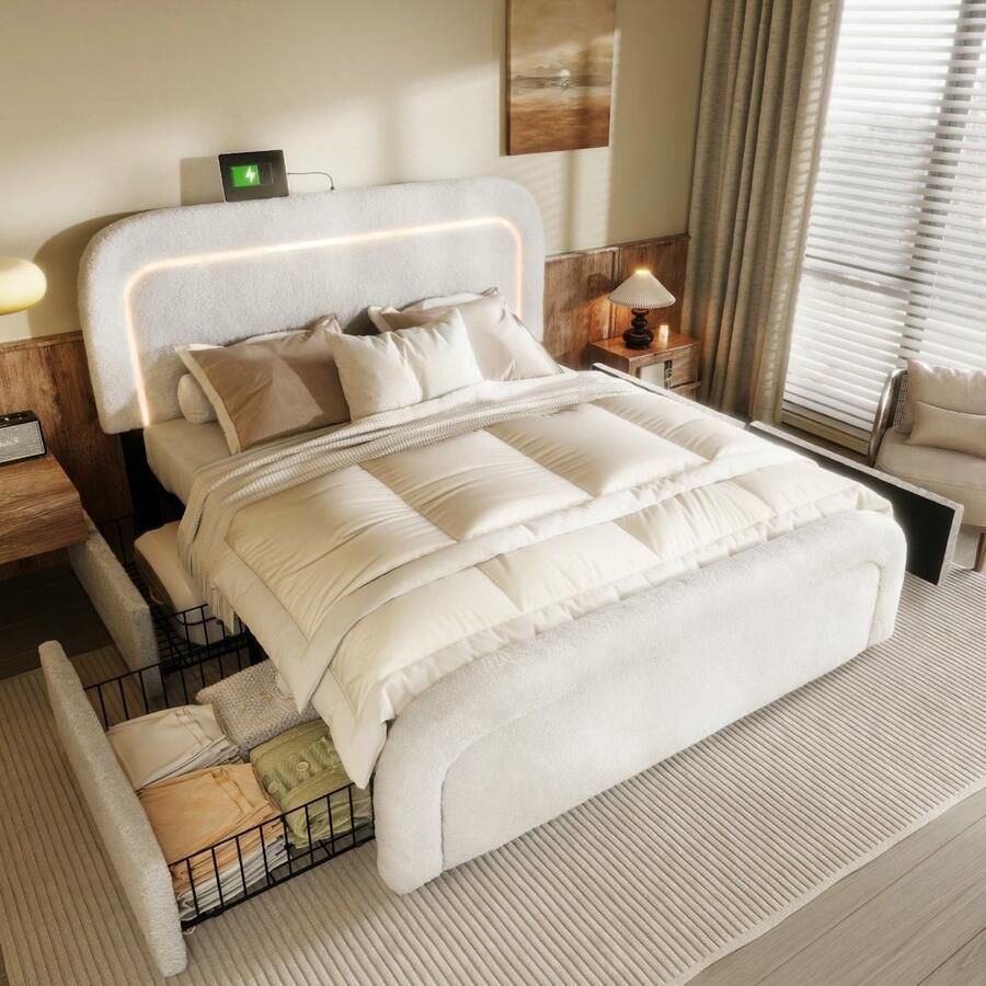 Bed 140x200 cm met opbergruimte 4 lades en USB Type-C-oplader volwassen bed met lattenbodem in hoogte verstelbaar hoofdbord Sherpa-stof wit(Matras niet inbegrepen)
