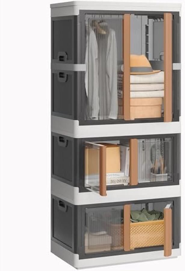 Opbergbox met deksel groot 150 l en 2 x 72 l kunststof opbergdozen kledingkast stapelbare opbergdozen met deur opvouwbare opbergdoos met wielen stalen buizen en 5 kleerhangers