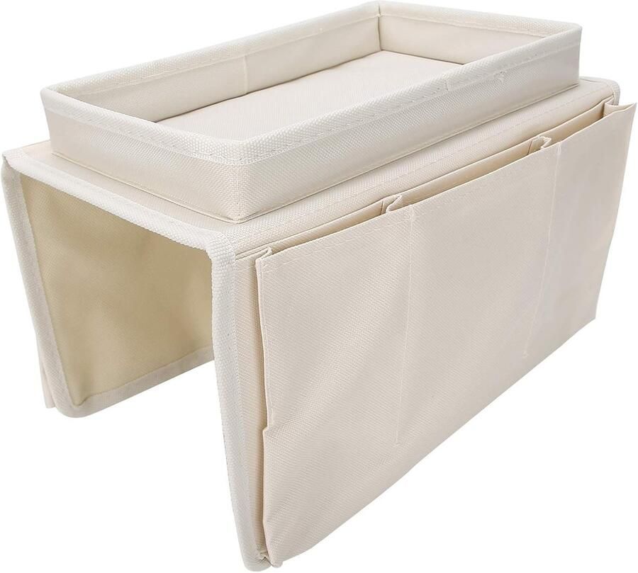 Opbergbox voor armleuningen van de bank Met bekerhouder Opbergrek voor de bank Geschikt voor het opbergen van mobiele telefoons tablets tijdschriften boeken brillen en kabels Geschikt voor fauteuils van de bank Met vijf zakken Wit