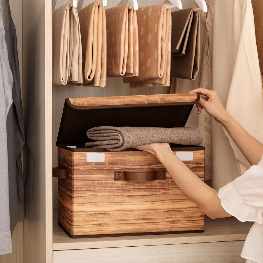 Opbergboxen met deksel 2 pak stoffen opbergdozen met deksels opbergbakken met deksel kledingkast organizer opbergen en organiseren opvouwbare opbergdoos voor kleding Houtnerf Geel