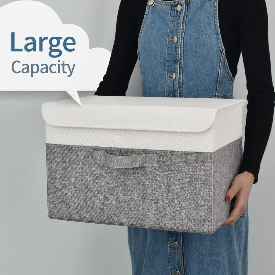 Opbergboxen met deksel pak van 2 stoffen opbergdozen met deksels opbergbakken met deksel kledingkast organizer opbergen en organiseren opvouwbare opbergdoos voor kleding Wit&Grijs