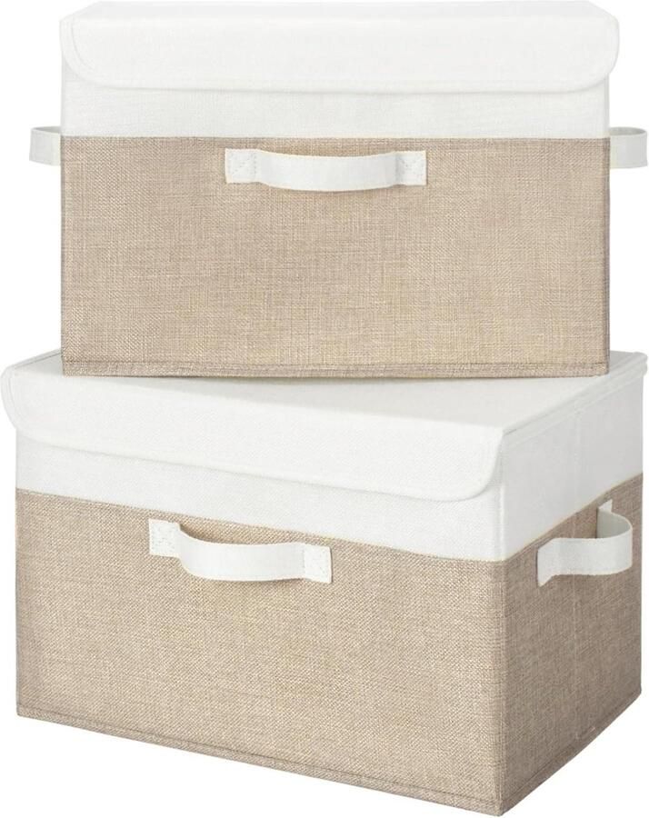 Opbergboxen met deksel pak van 2 stoffen opbergdozen opbergbakken kledingkast organizer opbergen en organiseren opvouwbare opbergdoos voor kleding Wit&Kaki