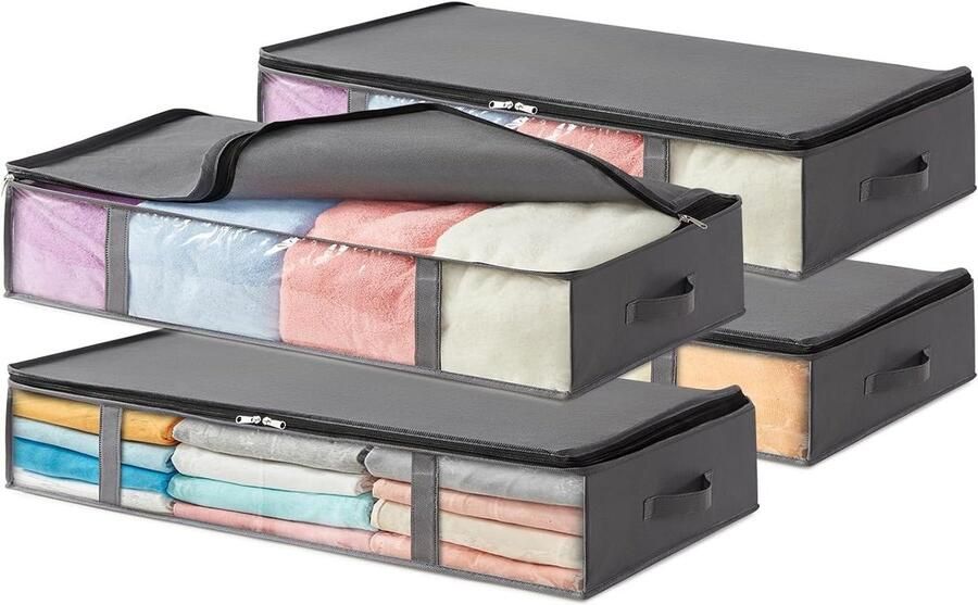 Opbergboxen voor Onder het Bed 3-pack Opvouwbare Kledingopbergzakken met Doorzichtig Voorvenster Kastorganizers en Opbergruimte voor Handdoeken Kleding Dekens Grijs 75L