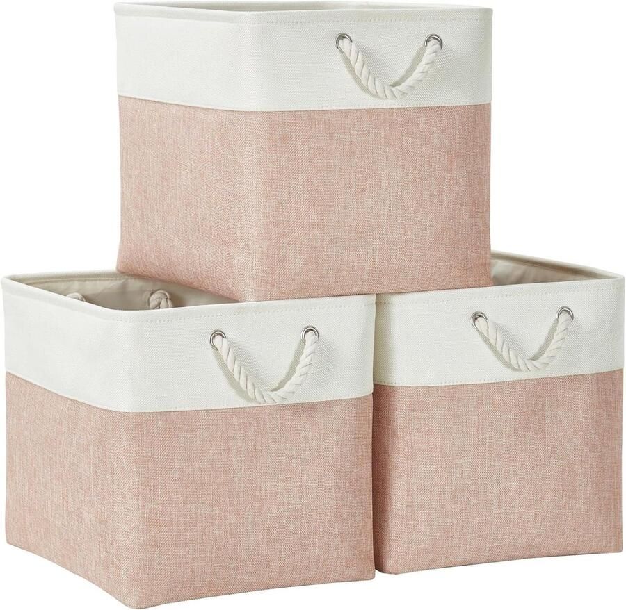 Opbergdoos 25x25x25 cm Stoffen opbergmand voor kast en plank Set van 3 Roze en wit Organisatie en opslag voor kleding