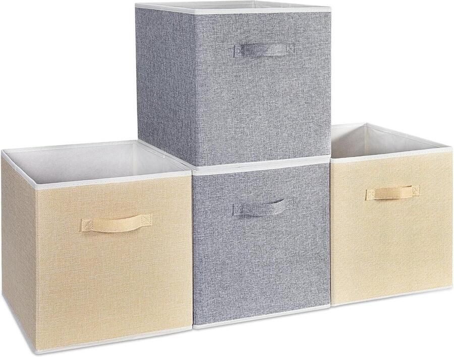Opbergdoos 4-delig 33x38x33cm met handgrepen Opvouwbare stof opbergbox voor kast en rek Opbergsysteem beige grijs