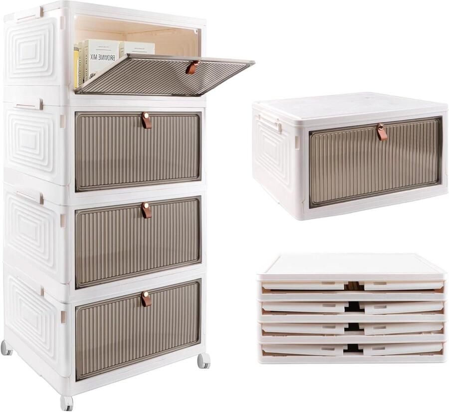 Opbergdoos 4 niveaus opvouwbaar stapelbaar met transparante deur en wielen wit