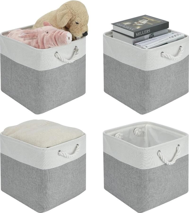 Opbergdoos 4 stuks 30 x 30 x 30 cm grote vouwdozen opbergmand stof manden voor planken voor kleding speelgoed gereedschap kledingkast (grijs wit)