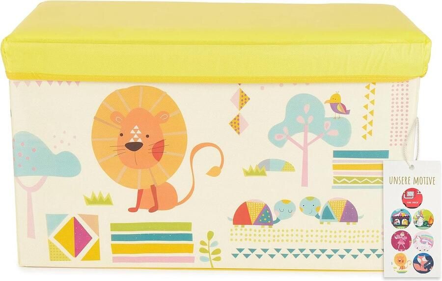 Opbergdoos kinderdierentuin kruk met zitplaats speelgoedkist bekleding geel 66 l jongens meisjes Kruk met opbergruimte