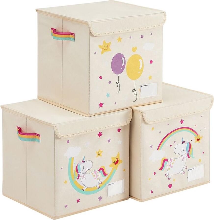 Rootz Living Rootz Opbergdoos Kinderopbergdoos Set van 3 Opbergdoos Kinderopbergdoos Kartonnen Opbergdoos Beige 30 x 30 x 30 cm