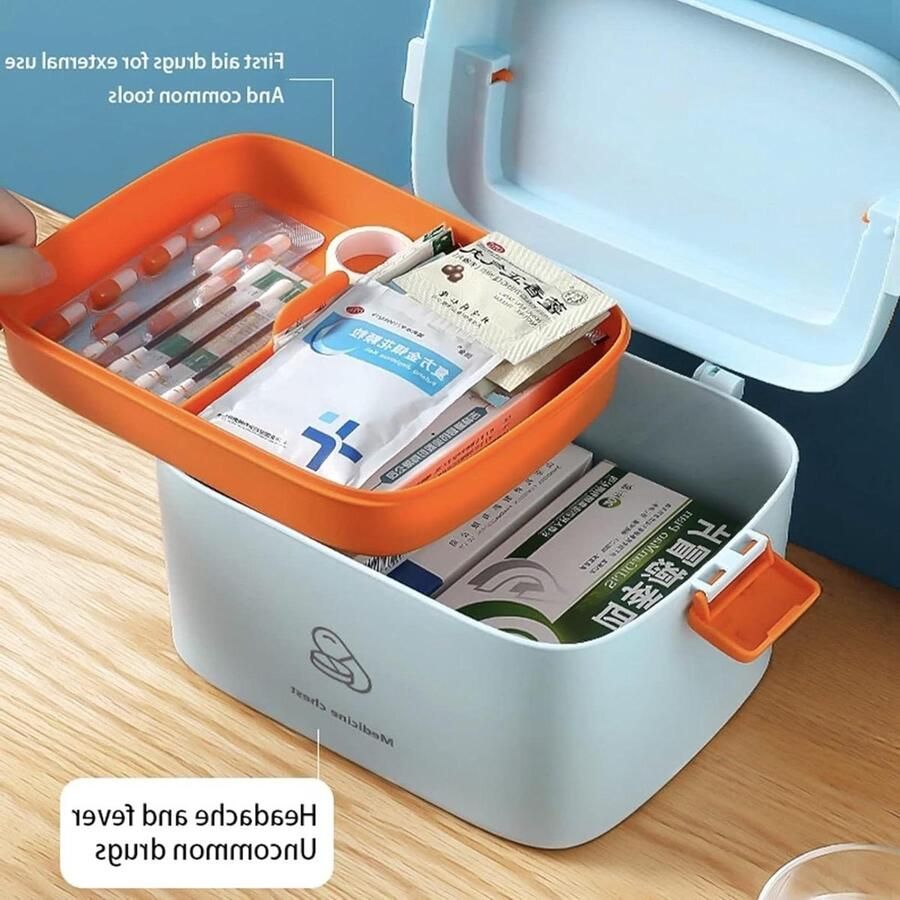 Opbergdoos Medicijnen Multifunctionele Dubbellaags EHBO-kast Draagbaar met Veiligheidsgesp Thuiskantoor Autoschool Blauw