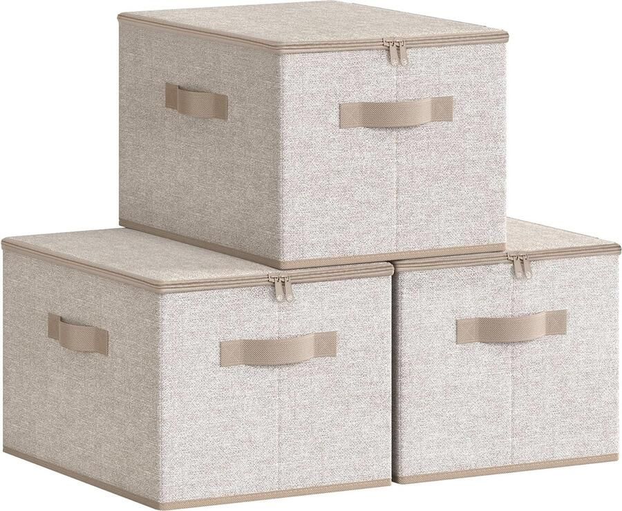 Opbergdoos met deksel set van 3 Opvouwbare stoffen doos met handgrepen Opbergruimte voor kleding 40 x 30 x 25 cm Vliesstof Zandbeige
