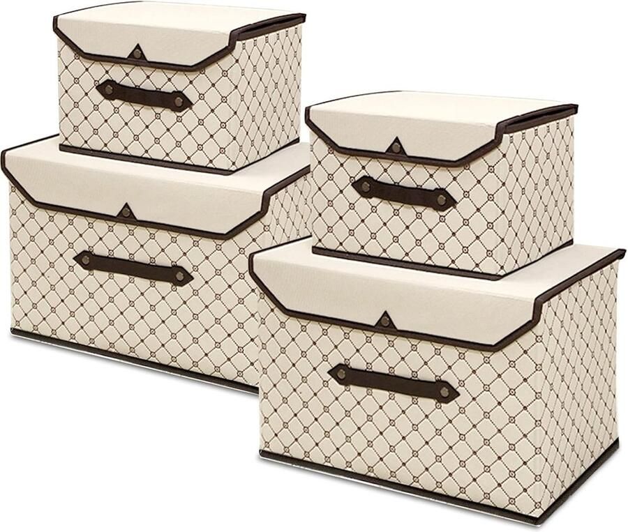 Opbergdoos met deksel stof 4 stuks Opvouwbare opbergdozen voor kledingkast kleding speelgoed boeken cosmetica (beige ruit)