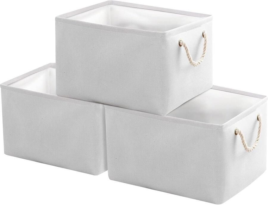 Opbergdoos opbergmand met handvat stoffen kubusmanden voor kast plank kleding 34 x 22 x 17 cm wit 3 stuks