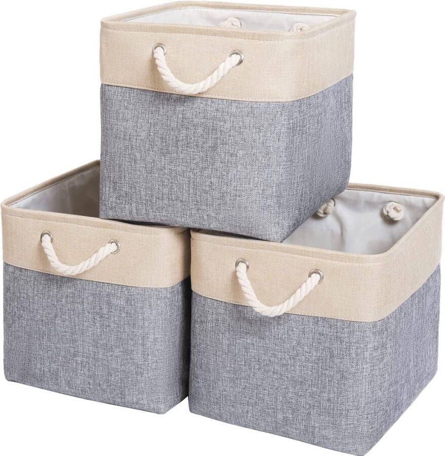 Opbergdoos stof 33 x 38 x 33 cm grote opbergmand mand voor kast rek kleding (grijs beige 3 stuks)