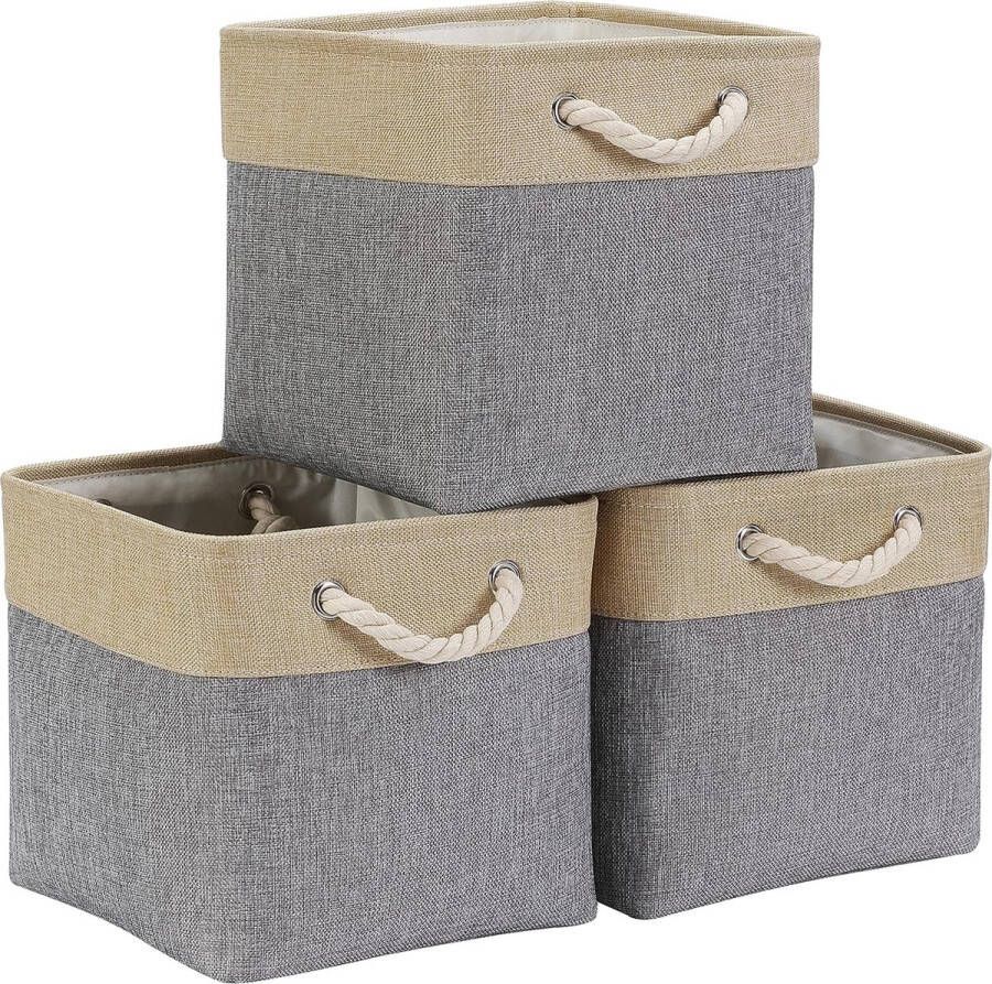 Opbergdoos stof opbergmand grijsbeige manden stof in blokjes (30x30x30 cm) voor kast plank en kleding (opvouwbaar 3-pack)