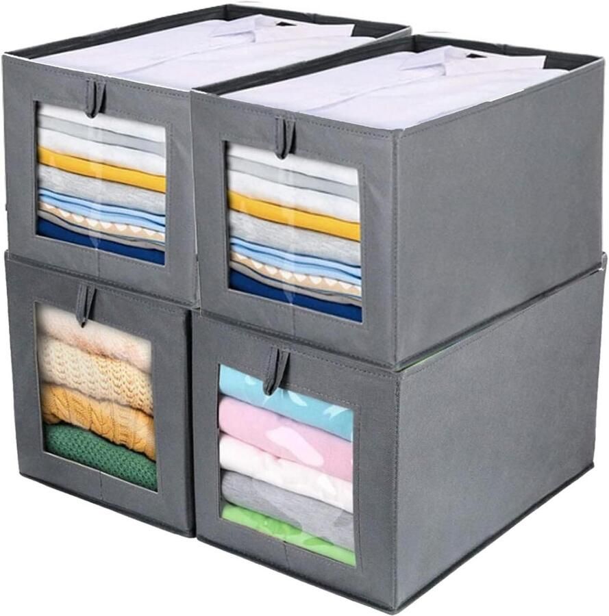 Allecto Plus Opbergdozen Set van 4 Stoffen Kledingkast Organizers met Doorzichtig Venster 34 x 23 x 23 cm Kledingkast Opbergdozen met Handvat Kledingkast Organizer voor Broeken T-Shirts en Truien