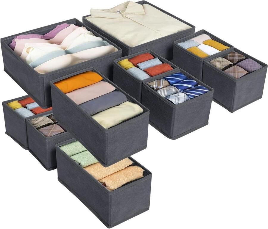 Opbergsysteem voor laden 10 stuks opvouwbare lade-organizer vliesstof kledingkast organizer ladeverdeler voor kleding ondergoed stropdassen sokken (grijs)