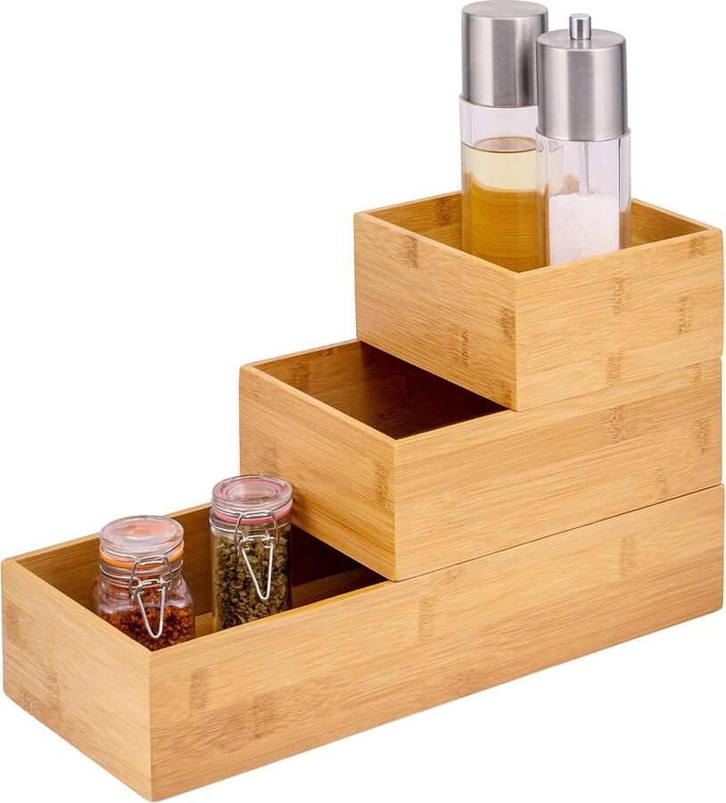 Opbergdozen 3-delig van bamboe drie maten stapelbaar