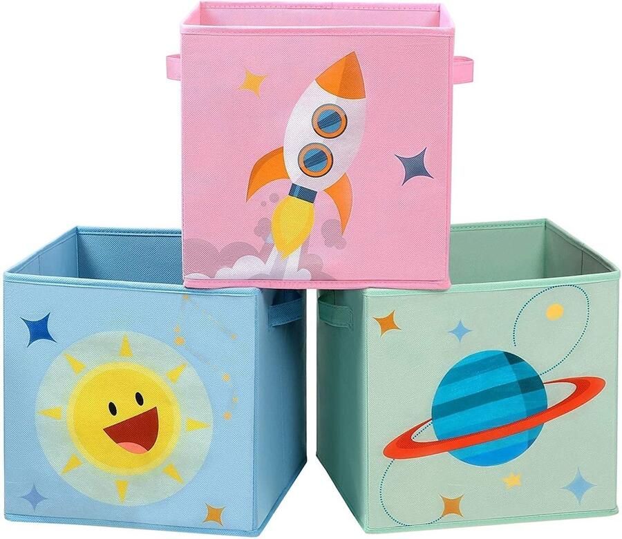 Rootz Living Rootz Opbergdozen Kinderkamer Set van 3 Vouwdozen Stof Handgrepen Blauw Groen Roze 30 x 30 x 30 cm