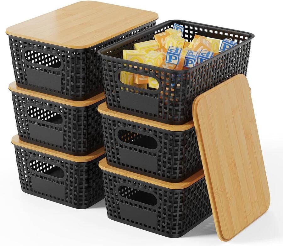 Opbergdozen met bamboedeksel multifunctionele set van 6 zwart