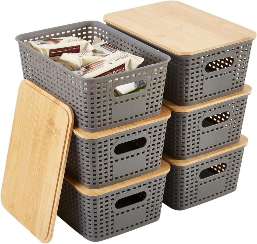 Opbergdozen met bamboedeksel Set van 6 Imitatie-rotan Stapelbare organizer voor kantoor en kledingkast Grijs