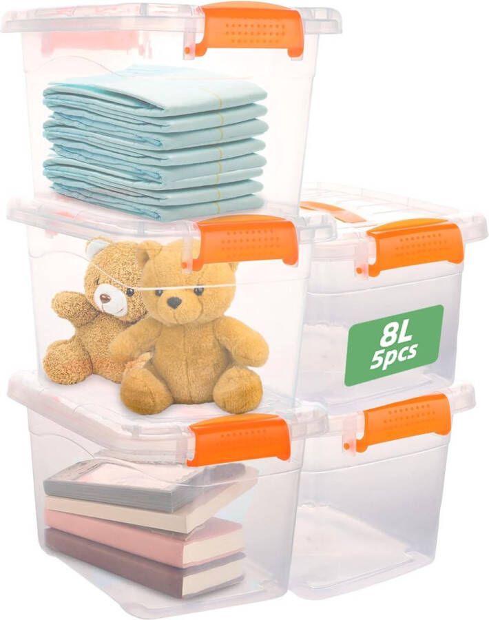 Opbergdozen met deksel 8 l Opbergdozen 29 x 21 x 23 cm Kleine stapeldoos met deksel Kunststof BPA-vrije plastic doos met deksel Transparante opbergdoos met handvat