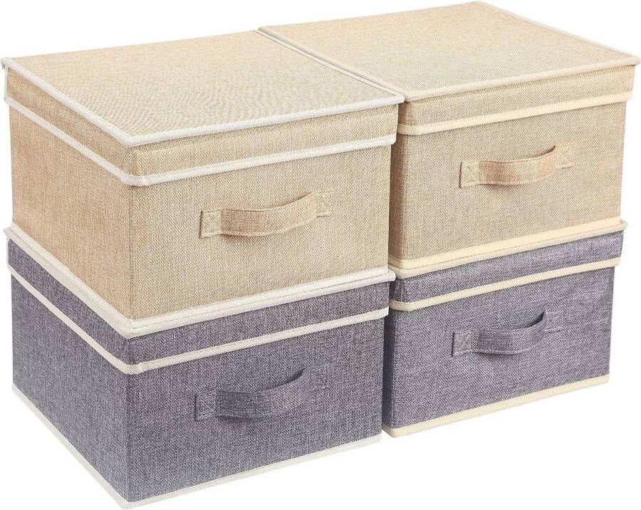 Opbergdozen met deksel opvouwbare opbergmand voor kleding met handvat voor speelgoed boeken kast slaapkamer thuis beige + grijs set 31 5 x 30 5 x 17 cm