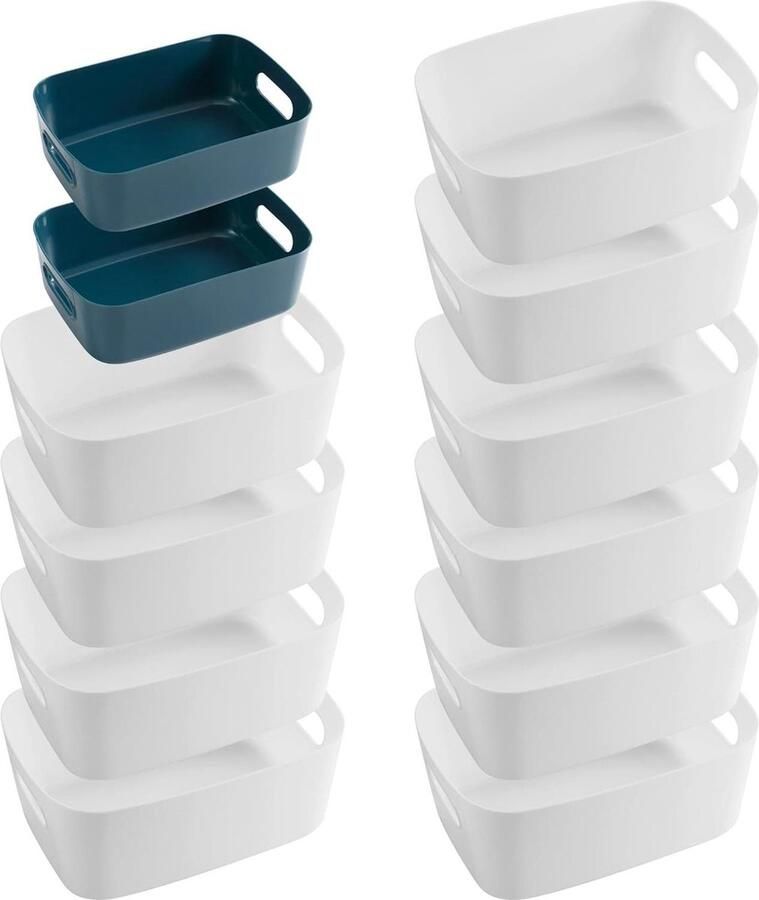 Opbergdozen met handgrepen 12 stuks multifunctioneel voor keuken kantoor kast badkamer speelgoed wit en blauw