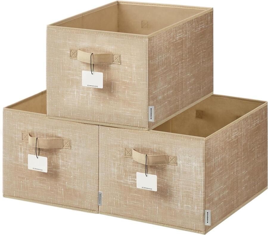 Opbergdozen Set van 3 Opvouwbaar Geschikt voor slaapkamer en woonkamer Zandbeige Stoffen 40 x 30 x 24 cm