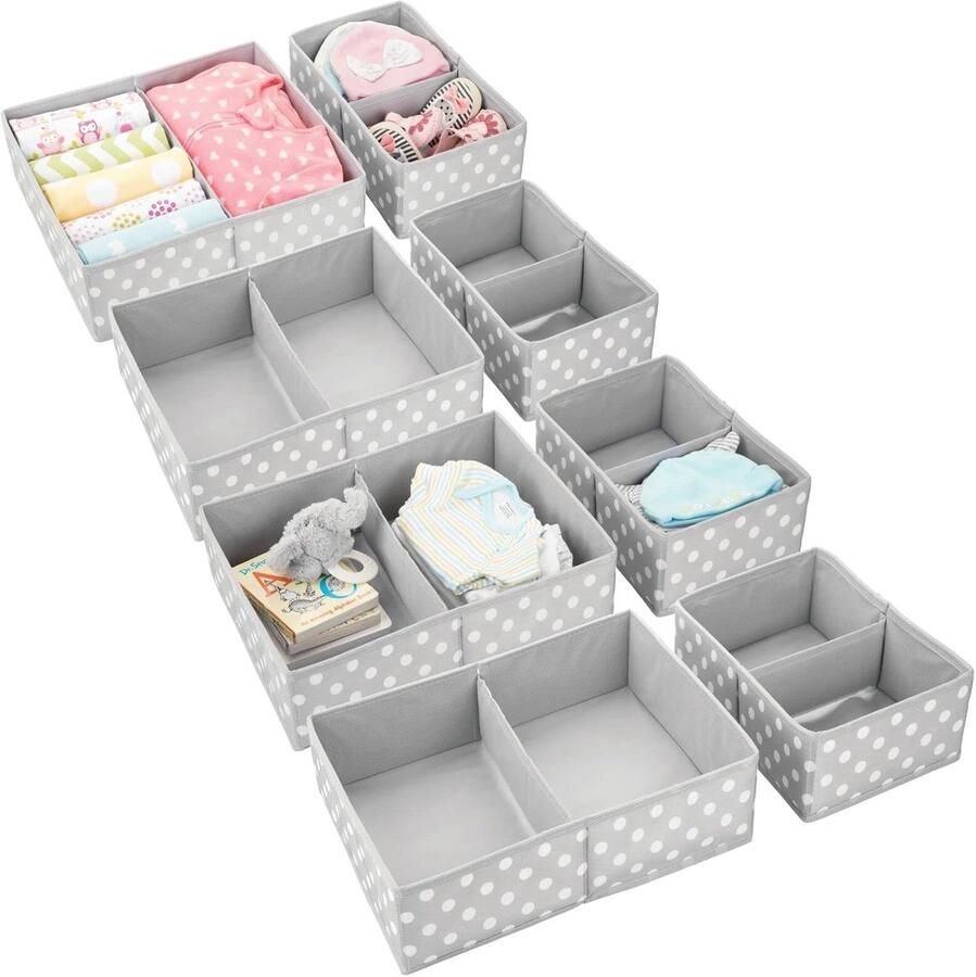 Opbergdozen voor de kinderkamer set van 8 stuks opvouwbare opbergdoos voor de kinderkamer in 2 maten voor babykleding kinderkastorganizer van ademende kunstvezel grijs wit gestippeld