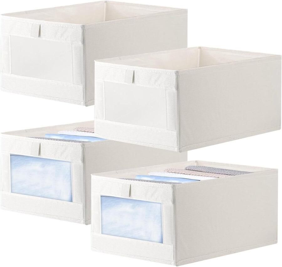 Allecto Plus Opbergdozen Set 4 stuks Kledingkast Organizer met Doorzichtig Venster 40 x 28 x 17 cm Opbergdozen met Handvat Kast Organiser voor Broeken T-Shirts Truien