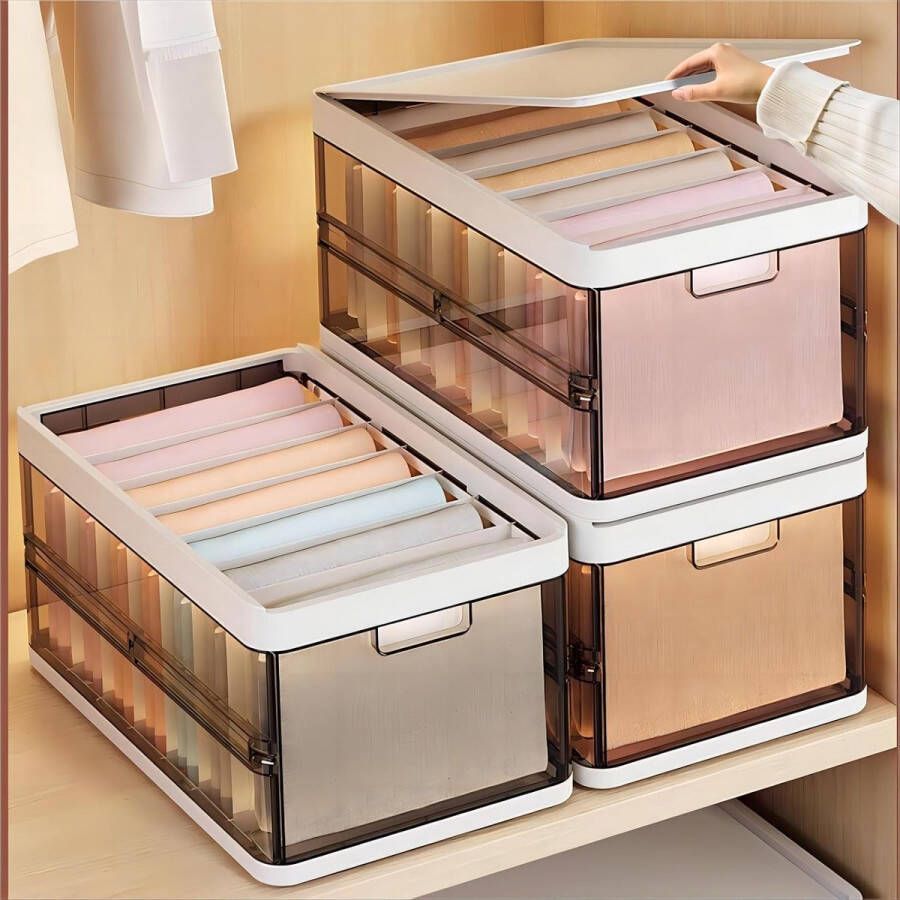 Opbergdozen voor Kledingkast -Stapelbaar met Deksel en Scheidingswanden Opvouwbaar Opbergsysteem Transparant 30 Liter Set van 3