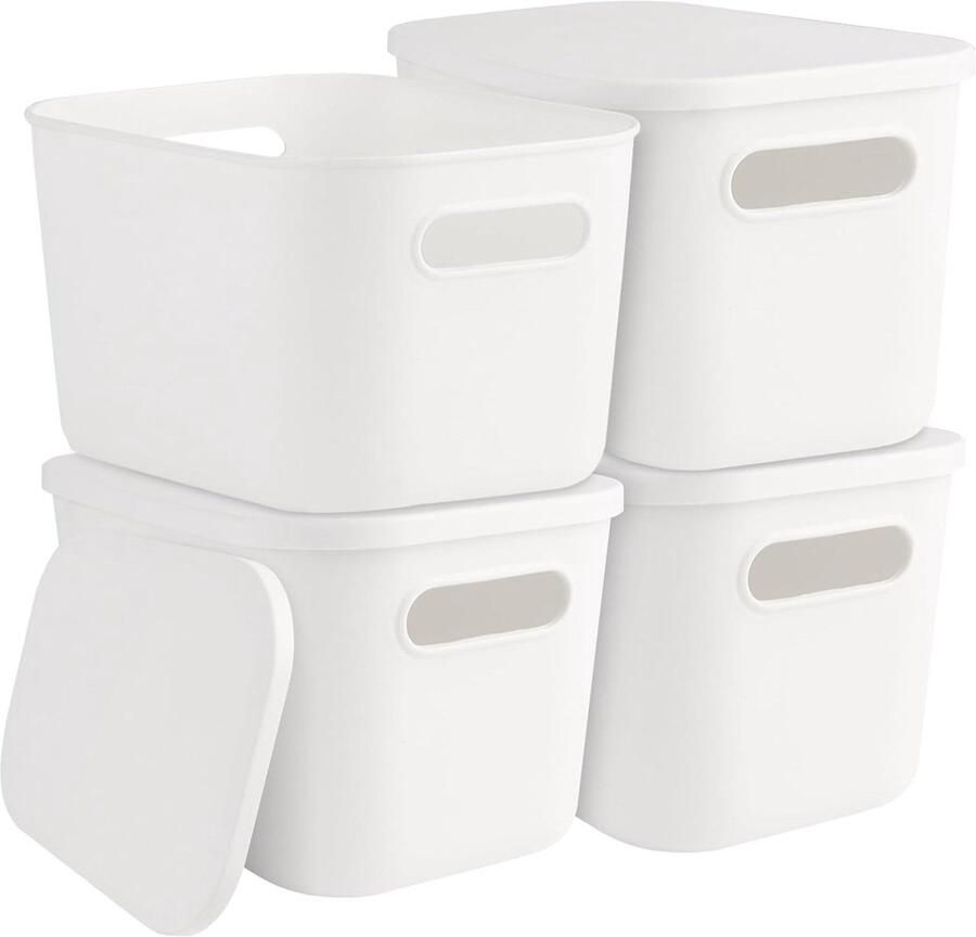 Allecto Plus Set van 4 opbergdozen Kunststof Afmetingen: 26 x 18 x 16 cm Multifunctioneel Stapelbaar Handgrepen Voor Keuken Kantoor Kast en Badkamer
