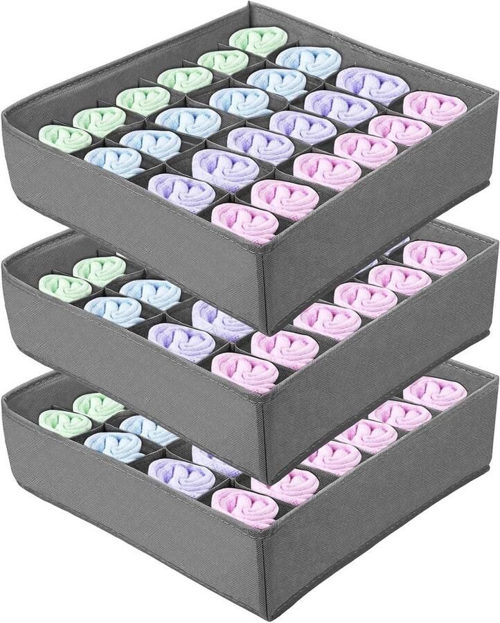 24 Cell Storage Boxes for Socks and Underwear Drawer Organizer (3 Pieces Grey)