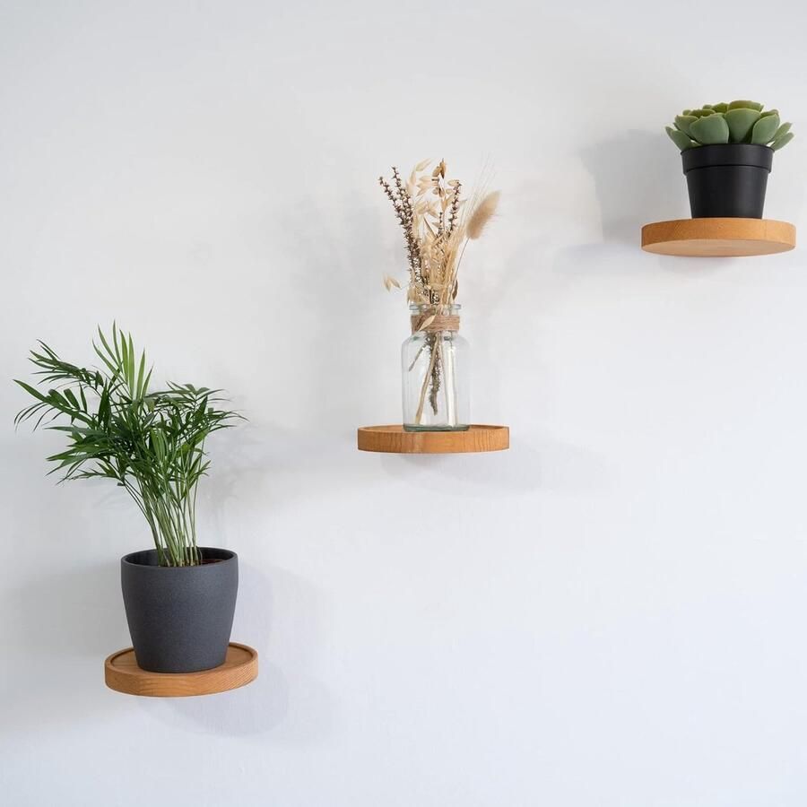 Houten wandrek rond woonkamer decoratie modern echt hout plantenwandhouder zwevende plank klein set van 3 planken voor de muur voor een bloempot of een vaas mooie wanddecoratie