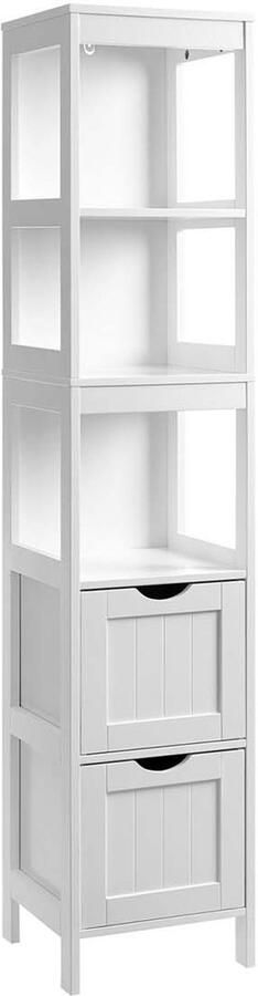 Opbergkast Badkamerkast Dressoir Multifunctioneel Opbergmeubel met 3 open vakken en 2 lameldeuren grote capaciteit en veelzijdige opslag stevige houten constructie stijlvolle en minimalistische vorm 30 x 30 x 141 5 cm wit